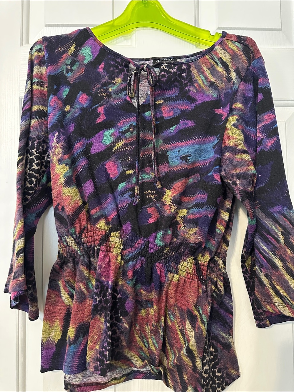 PM Attyre Multicolor Tie-Dye Peasant Tunic in Purple, Teal & Pink